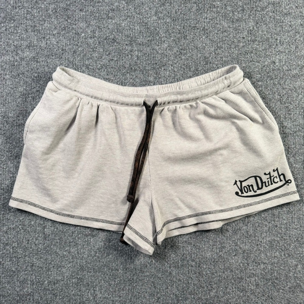 Von Dutch Waffle Knit Shorts Womens L Grey Thermal Logo Y2K Loungewear